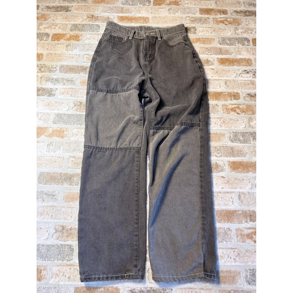 Womens High Waisted Wide Leg‎ Panelled Jeans Washed Black White Stitch Size M